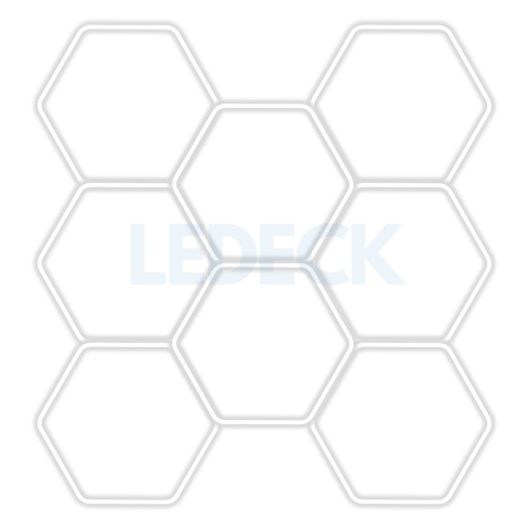Garaj & Atelier - Lumină LED Hexagonală Profesională Aluminiu – 8 Module 299x315CM - Service Auto, Detailing, Ateliere, Spații Comerciale