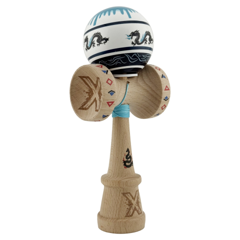 Kendama X PRO - Kendama X Originala, Profesionala, DRAGON Series, Super Sticky cu Cupe Mari King Size V3, Rulment Metalic si Gaura in Baza, din Lemn 18 cm, Ata 62/65 cm, Albastru/Negru