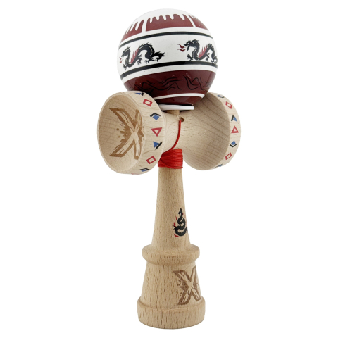 Kendama X PRO - Kendama X Originala, Profesionala, DRAGON Series, Super Sticky cu Cupe Mari King Size V3, Rulment Metalic si Gaura in Baza, din Lemn 18 cm, Ata 62/65 cm, Alb/Rosu inchis