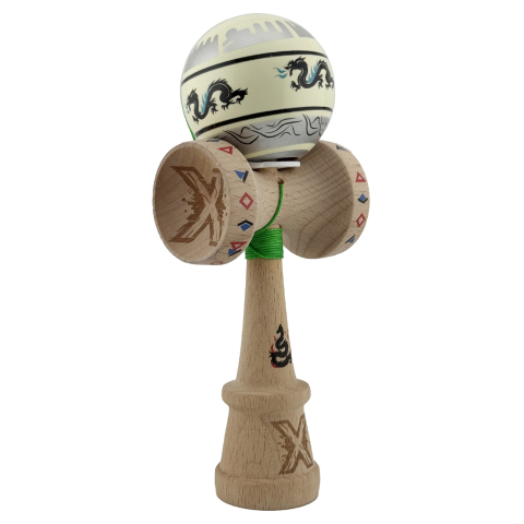 Kendama X PRO - Kendama X Originala, Profesionala, DRAGON Series, Super Sticky cu Cupe Mari King Size V3, Rulment Metalic si Gaura in Baza, din Lemn 18 cm, Ata 62/65 cm, Gri/Verde deschis