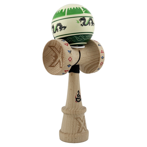 Kendama X Originala, Profesionala, DRAGON Series, Super Sticky cu Cupe Mari King Size V3, Rulment Metalic si Gaura in Baza, din Lemn 18 cm, Ata 62/65 cm, Verde deschis/Negru