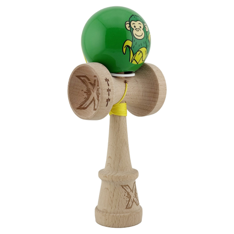 Kendama X PRO - Kendama X Originala, Profesionala, Green Monkey, Super Sticky cu Cupe Mari King Size V3, Rulment Metalic si Gaura in Baza, din Lemn 18 cm, Ata 62/65 cm, Verde
