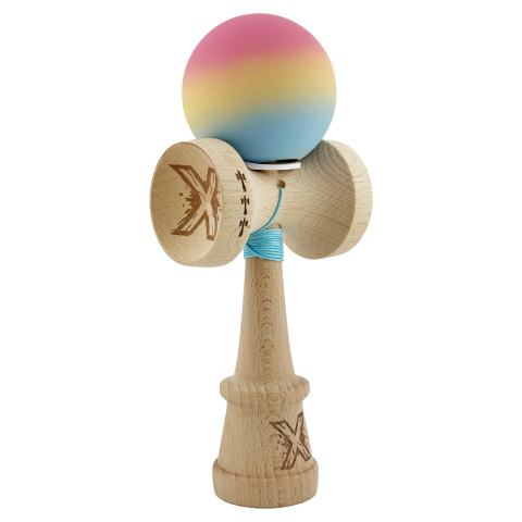 Kendama X PRO - Kendama X PRO, Cupe Mari KING SIZE V3, Rubber Grip, Gaura in Baza, Rulment Metalic, Ata 62/65 cm, Gradient Roz/Galben/Albastru deschis