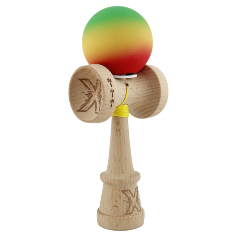 Kendama X PRO, Cupe Mari KING SIZE V3, Rubber Grip, Gaura in Baza, Rulment Metalic, Ata 62/65 cm, Gradient Verde/Galben/Rosu