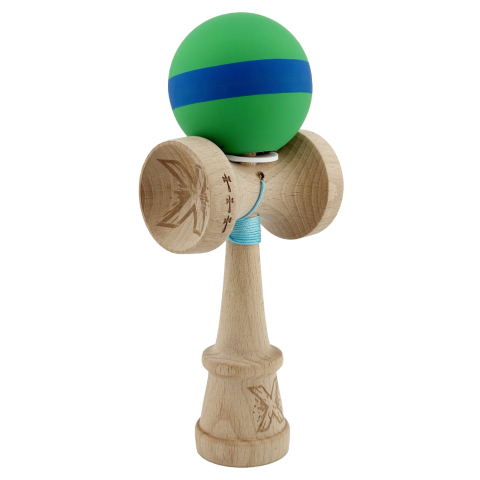 Kendama pentru Începători - Kendama X PRO, Cupe Mari KING SIZE V3, Rubber Grip, Gaura in Baza, Rulment Metalic, Ata 62/65 cm, M Verde/Albastru/Verde