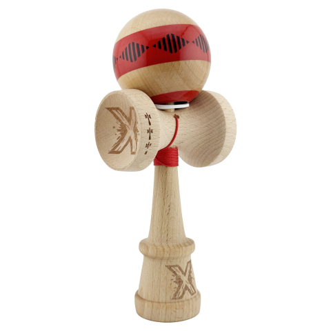 Kendama pentru Avansați - Kendama X PRO FREQUENCY, Cupe Mari KING SIZE V3, Super Sticky, Gaura in Baza, Rulment Metalic, Ata 62/65 cm, Rosu/Maro