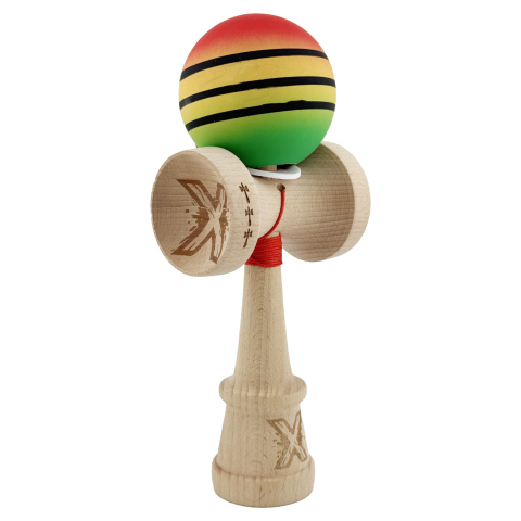 Kendama pentru Începători - Kendama X PRO, Rubber Grip, Cupe Mari KING SIZE V3, Gaura in Baza, Rulment Metalic, Ata 62/65 cm, Special Rosu/Galben/Verde