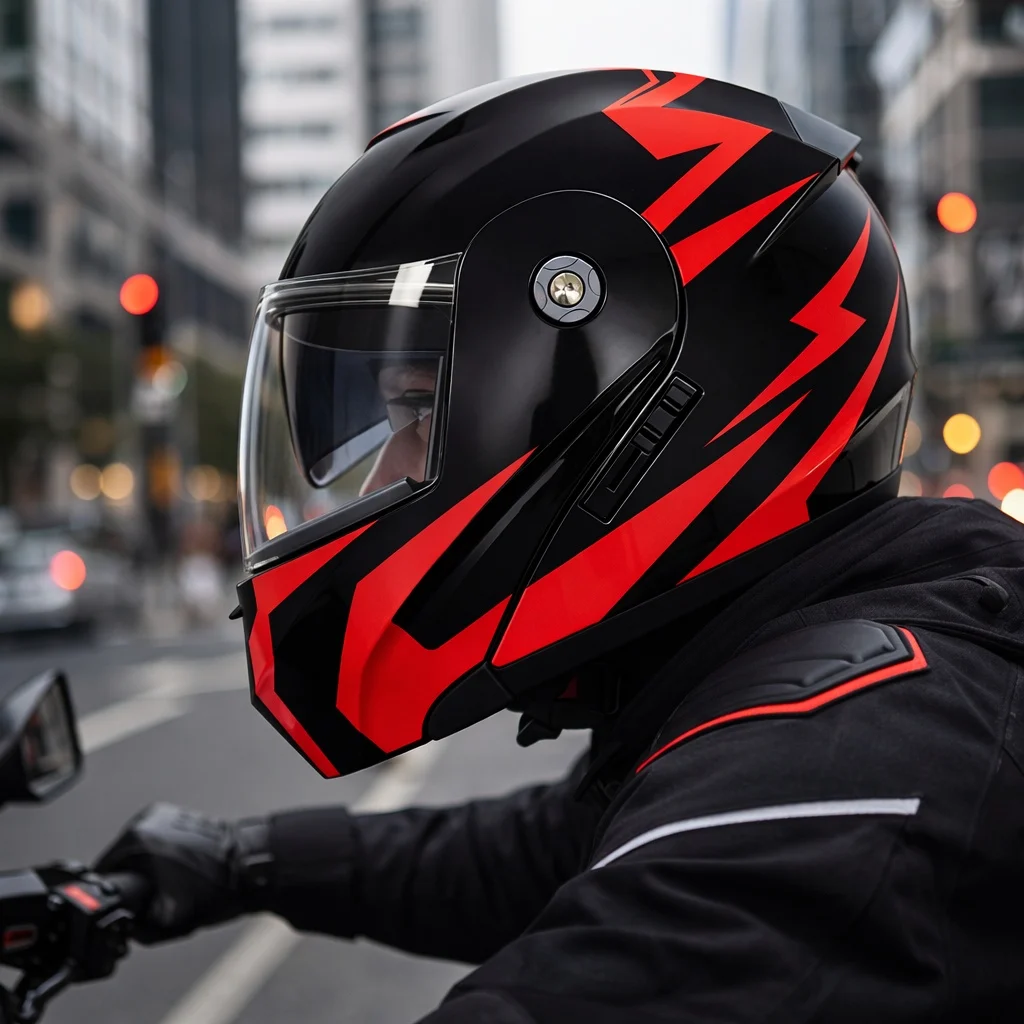 Cască moto Flip‑up TECH – Full‑Face Modulară, Negru Lucios + Roșu Intens, Mărimea L (59–60 cm) [4]