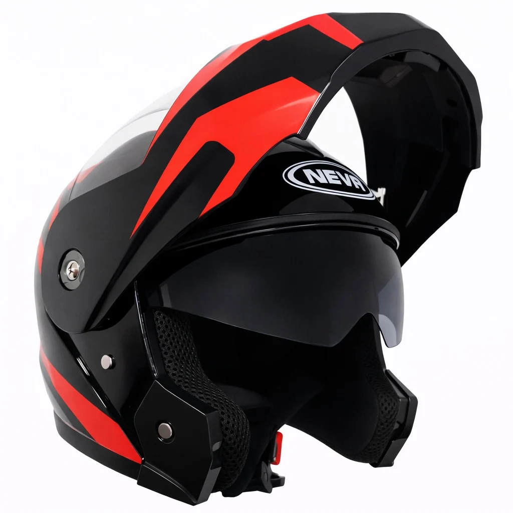 Modulare - Cască moto Flip‑up TECH – Full‑Face Modulară, Negru Lucios + Roșu Intens, Mărimea L (59–60 cm)