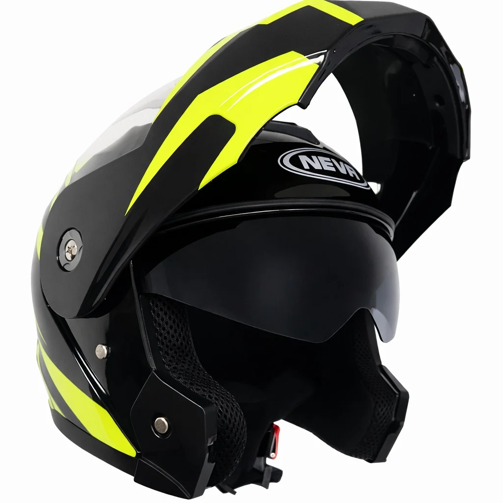 Modulare - Cască moto Flip‑up TECH – Full‑Face Modulară, Negru Lucios + Verde Neon, Mărimea L (59–60 cm)