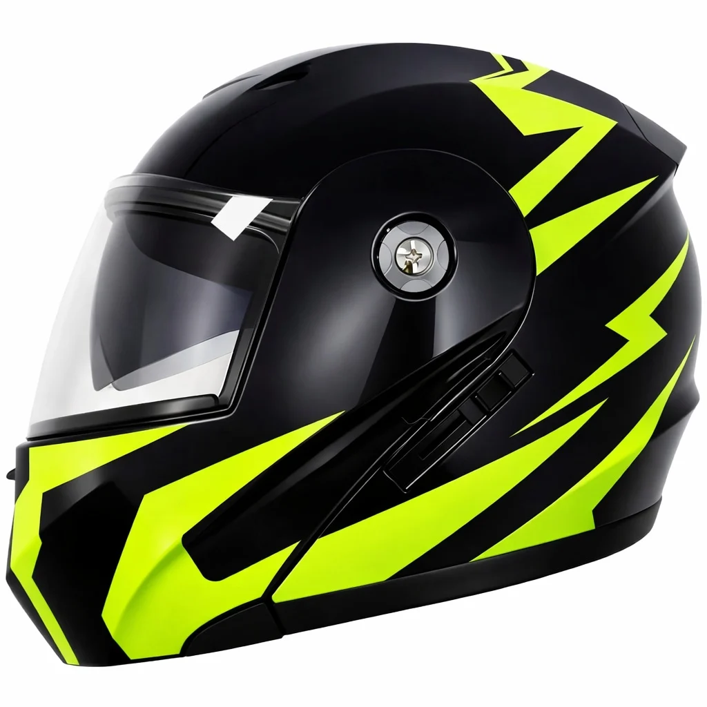 Cască moto Flip‑up TECH – Full‑Face Modulară, Negru Lucios + Verde Neon, Mărimea L (59–60 cm) [1]