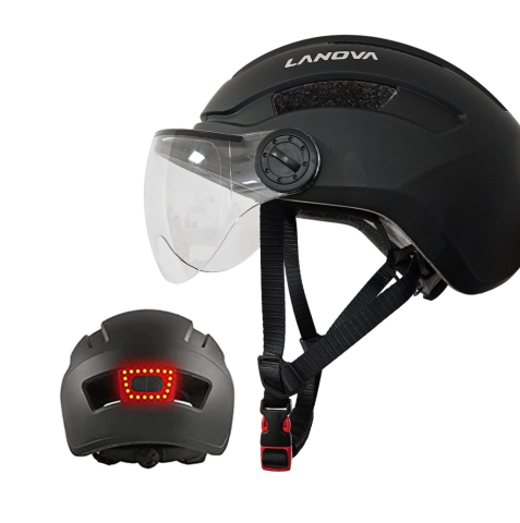 Open Face - Casca trotinetă LED cu vizieră Negru Mat L 58-60 cm | Baterie litiu reîncărcabilă