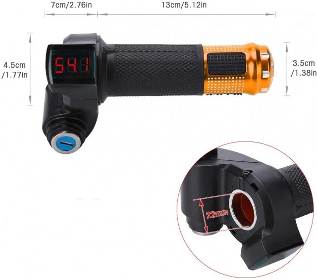 Manetă accelerație bicicletă / scuter electric (Model cu voltmetru + cheie) – set stânga/dreapta, culoare portocaliu [1]