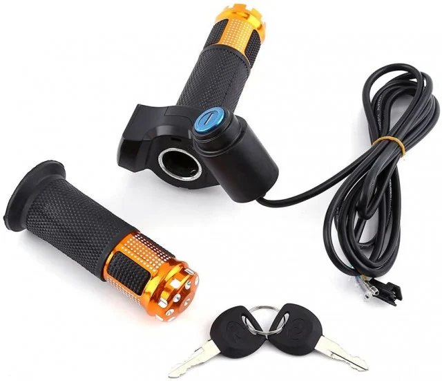 Electrice - Manetă accelerație bicicletă / scuter electric (Model cu voltmetru + cheie) – set stânga/dreapta, culoare portocaliu