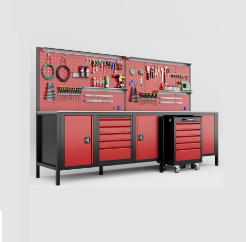 Mese și bănci de lucru - banc lucru industrial 300x190x70cm 5 sertare carucior led prize