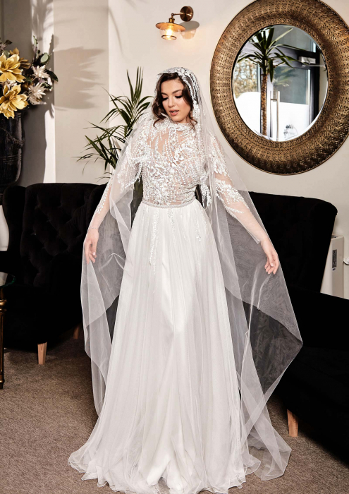 High Neck Lace Airy tulle Bridal Gown [4]