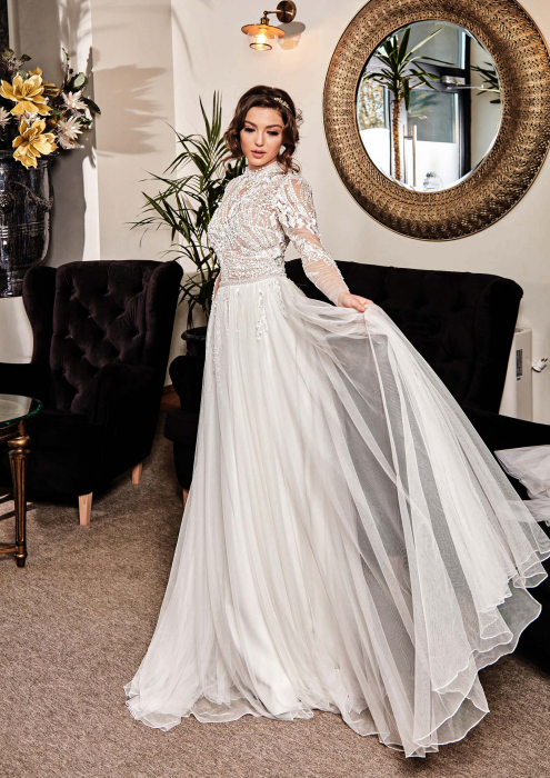 High Neck Lace Airy tulle Bridal Gown [2]