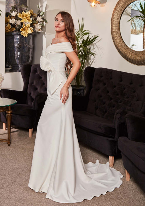 Minimalist satin off shoulder wedding gown with detachable overskirt [3]