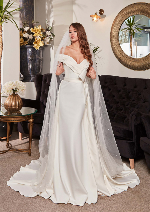 Minimalist satin off shoulder wedding gown with detachable overskirt [6]