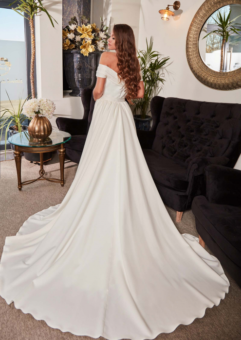 Minimalist satin off shoulder wedding gown with detachable overskirt [4]