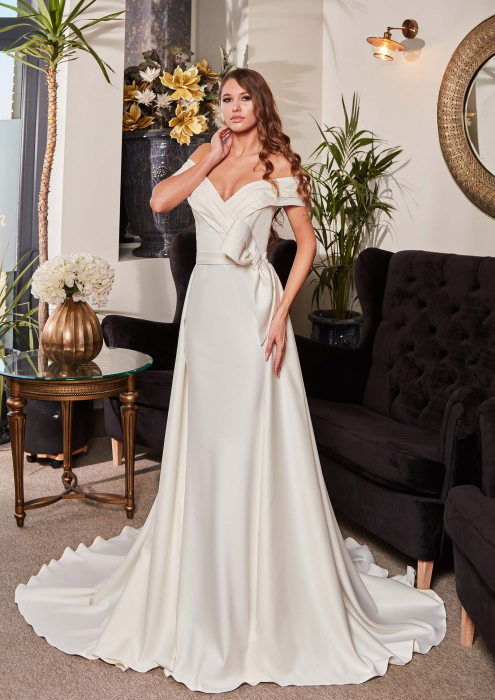 Minimalist satin off shoulder wedding gown with detachable overskirt [5]