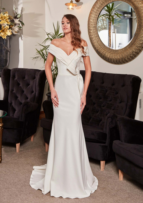 Minimalist satin off shoulder wedding gown with detachable overskirt [1]