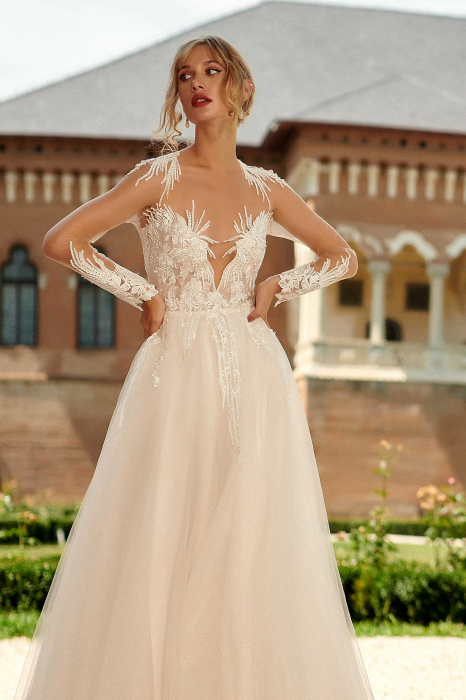 Ethereal Tulle Wedding Gown with Illusion Bodice and Long Sleeves [4]