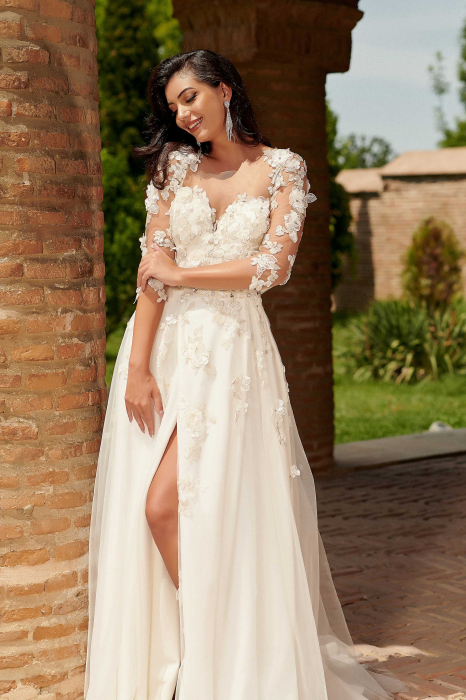 Romantic A-Line Slit  Wedding Dress with 3D Floral Appliqués [1]