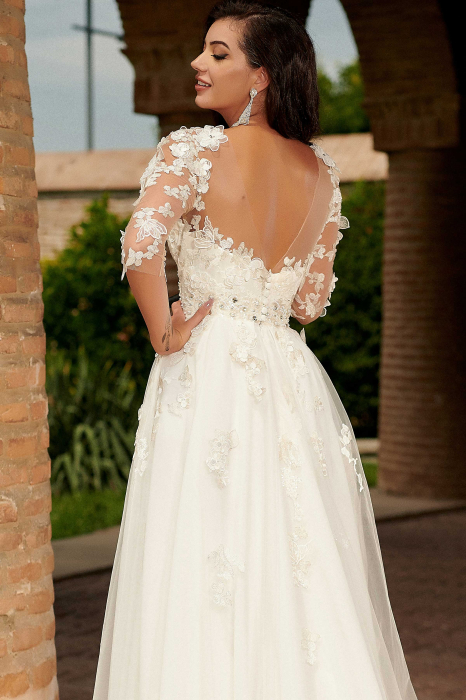 Romantic A-Line Slit  Wedding Dress with 3D Floral Appliqués [6]