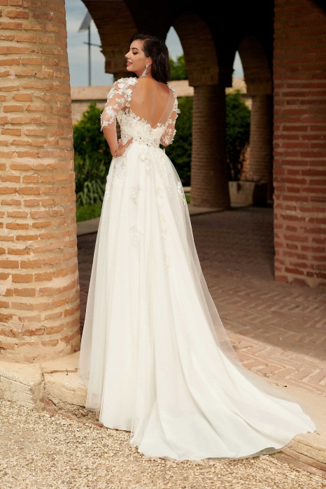 Romantic A-Line Slit  Wedding Dress with 3D Floral Appliqués [4]