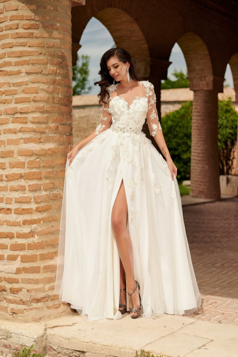 Romantic A-Line Slit  Wedding Dress with 3D Floral Appliqués [3]