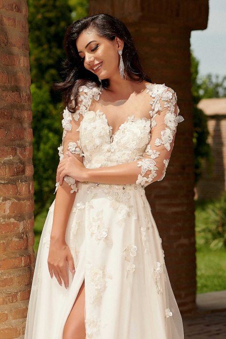 Romantic A-Line Slit  Wedding Dress with 3D Floral Appliqués [5]