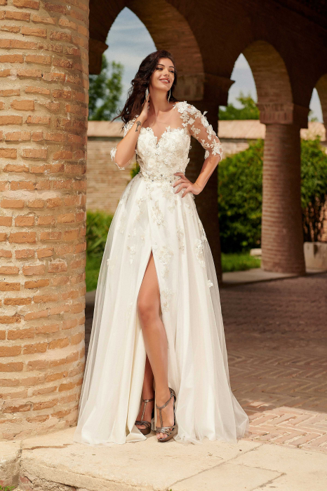 Romantic A-Line Slit  Wedding Dress with 3D Floral Appliqués [2]
