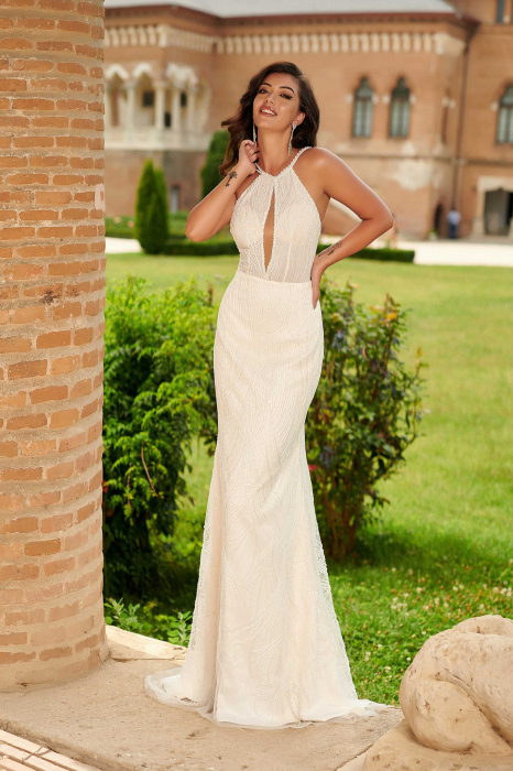 Halter Neck Open Back Beaded Lace Sparkling Mermaid Wedding Dress [2]