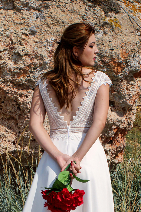 A-line Boho Lace and Satin Beach Wedding Dress [5]