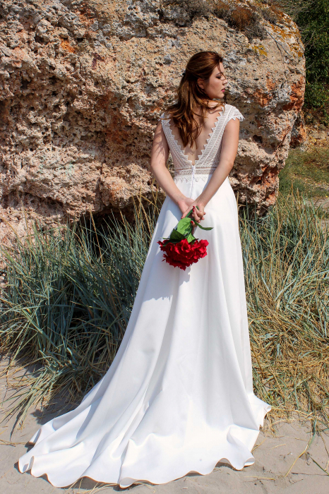 A-line Boho Lace and Satin Beach Wedding Dress [6]