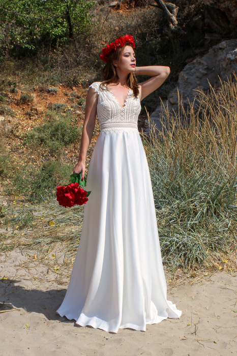 A-line Boho Lace and Satin Beach Wedding Dress [2]
