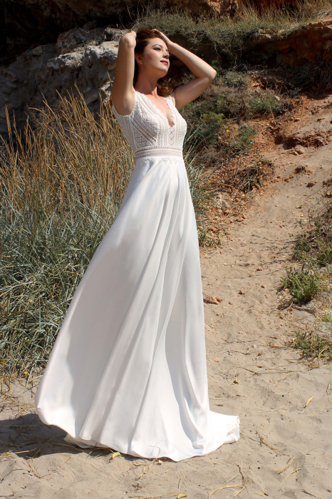 A-line Boho Lace and Satin Beach Wedding Dress [4]