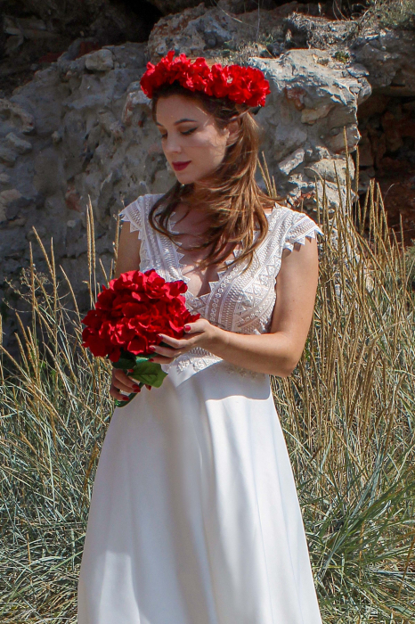 A-line Boho Lace and Satin Beach Wedding Dress [3]