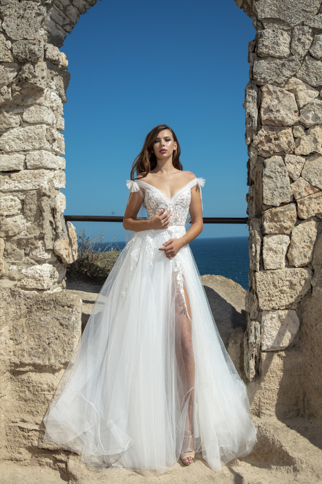 Romantic A-line Off-shoulder Slit Wedding Dress [1]