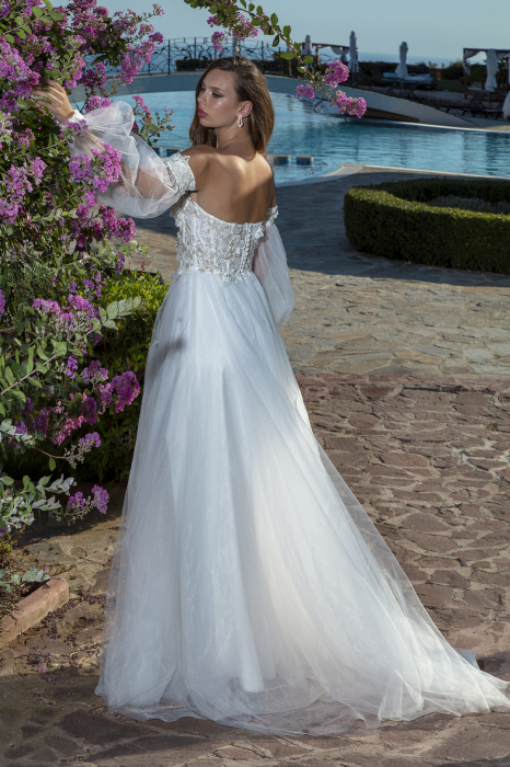 Romantic Off-Shoulder Wedding Gown with puffy Sleeves & High Slit [6]