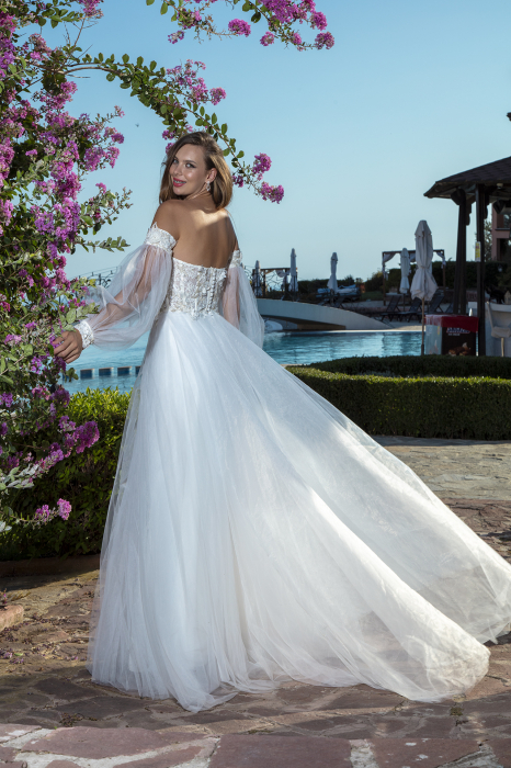 Romantic Off-Shoulder Wedding Gown with puffy Sleeves & High Slit [7]