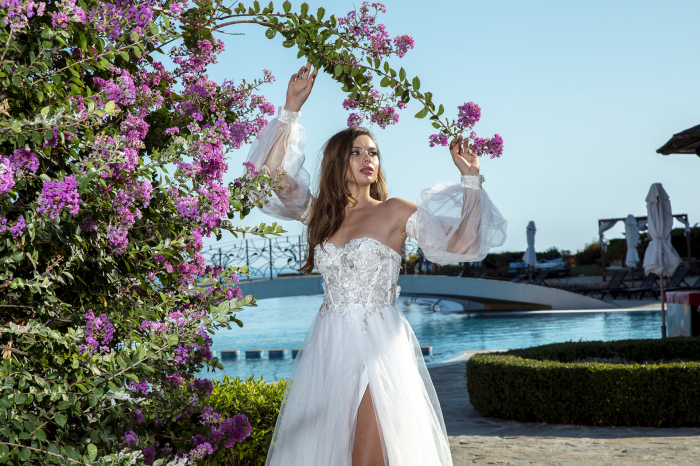 Romantic Off-Shoulder Wedding Gown with puffy Sleeves & High Slit [4]