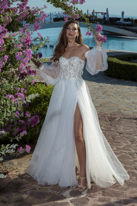Romantic Off-Shoulder Wedding Gown with puffy Sleeves & High Slit [3]