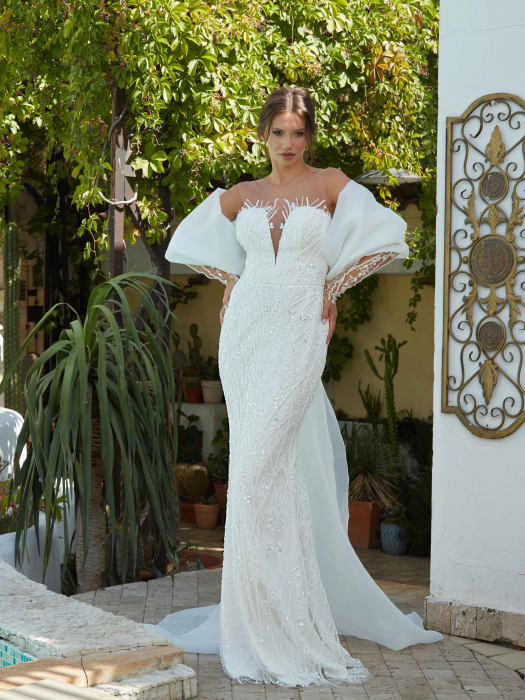 lace sheath wedding dress with detachable train and sleeves [1]