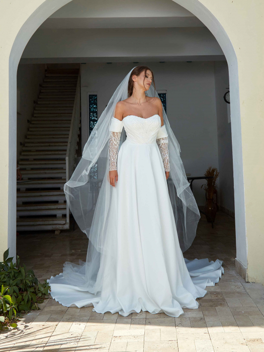 Satin a line wedding dress with detachable sleeves [7]