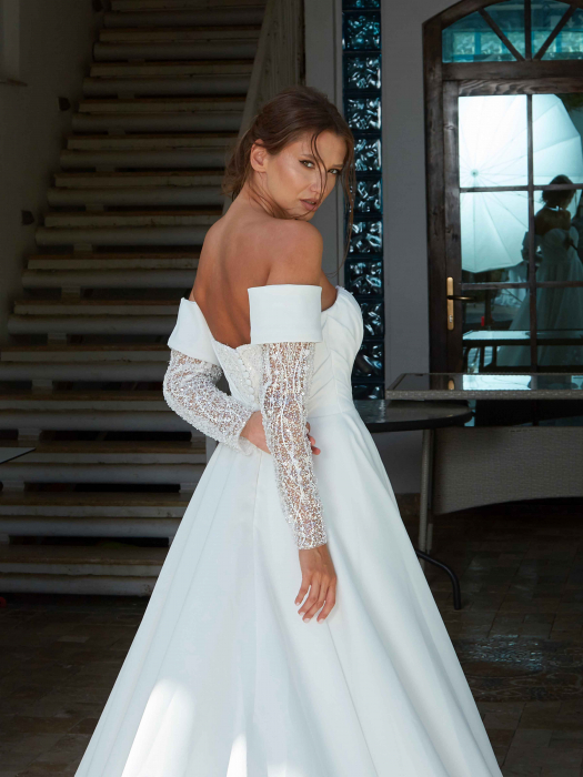 Satin a line wedding dress with detachable sleeves [10]