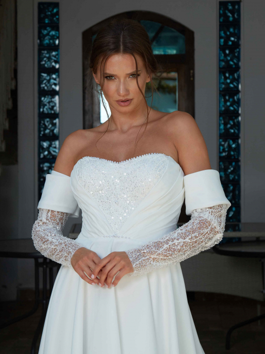 Satin a line wedding dress with detachable sleeves [2]
