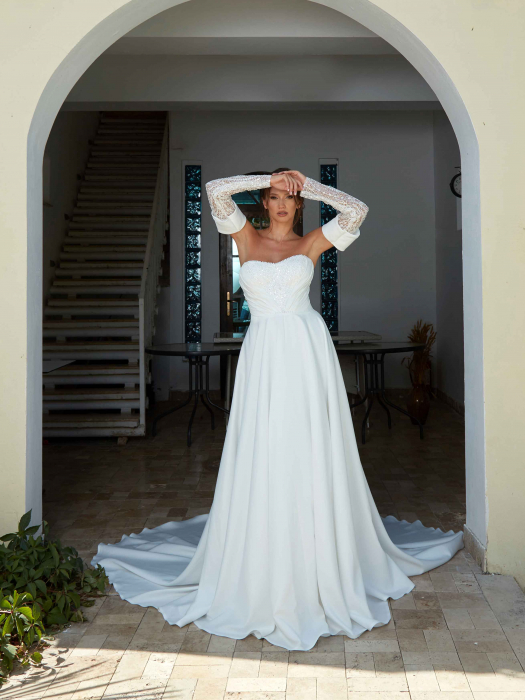 Satin a line wedding dress with detachable sleeves [4]