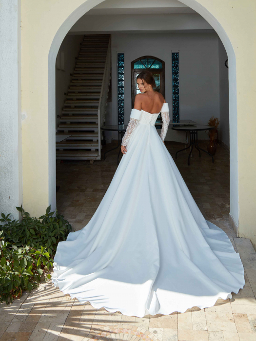 Satin a line wedding dress with detachable sleeves [3]